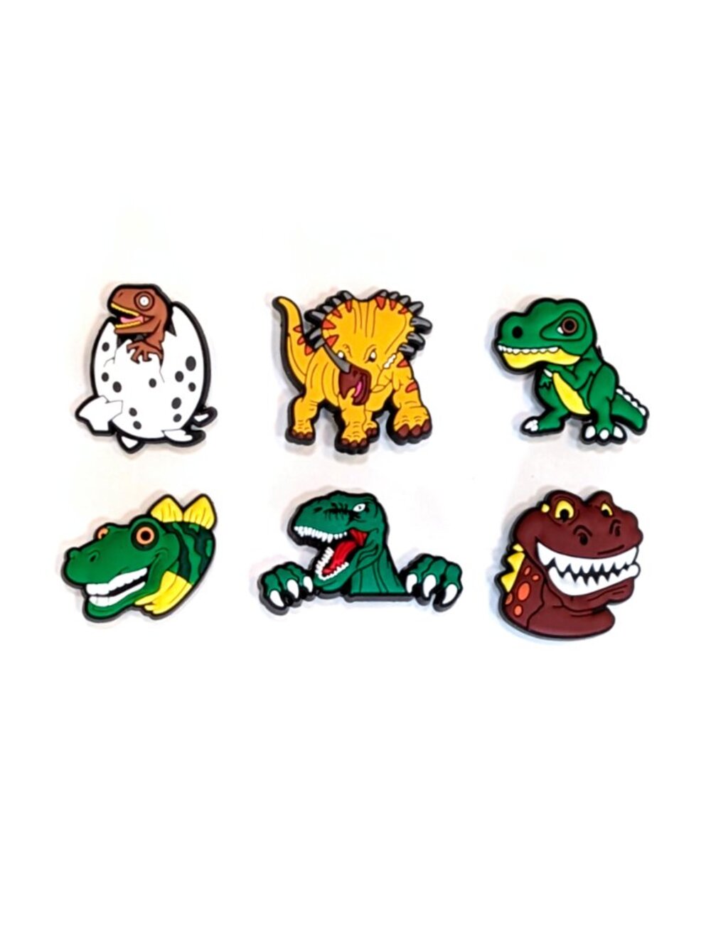 COLORFUL DINOSAUR SHOE CHARM COLLECTION (Pack of 6) Fits Both Shoelaces & Clogs